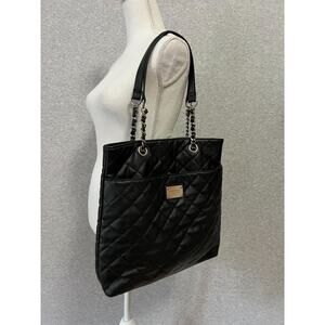 Nine West Black Quilted Tote Large Bag Faux Leather Chain Straps Flaw
